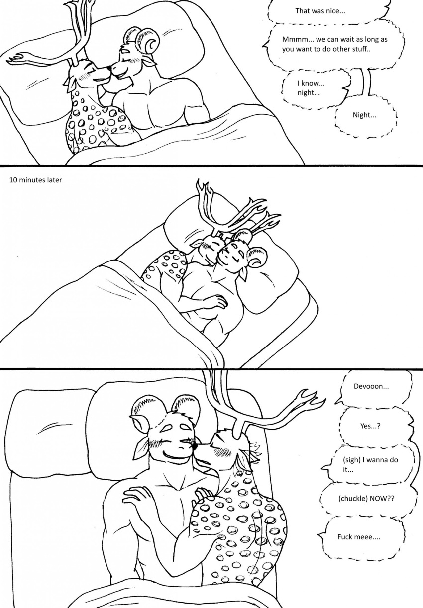 2023 5_fingers after_sex anthro anthro_on_anthro antlers bed_covers bedding bernielover bernielover's_college_au blush bovid caprine comic deer devon_(bernielover) dialogue duo ear_twitch english_text eyes_closed fingers fur hi_res horn humanoid_hands male male/male mammal monochrome muscular muscular_anthro muscular_male nude sleeping smile speech_bubble spots spotted_body spotted_fur text under_covers whitney_(bernielover)