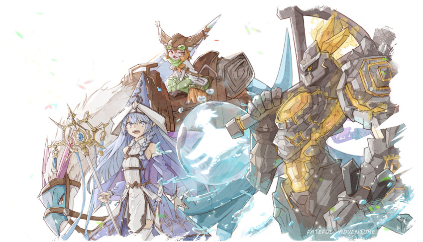 1girl 2others ambiguous_gender axe bare_shoulders blue_eyes blue_hair braid bubble detached_sleeves dracoback_the_rideable_dragon dragon dress duel_monster goggles goggles_on_head golem helmet holding holding_axe large_ears long_hair magicore_warrior_of_the_relics multiple_others open_mouth pointy_ears pointy_hair purple_eyes red_eyes silhouette smile tamago_(xyxk3743) thighhighs wandering_gryphon_rider water_enchantress_of_the_temple yu-gi-oh!