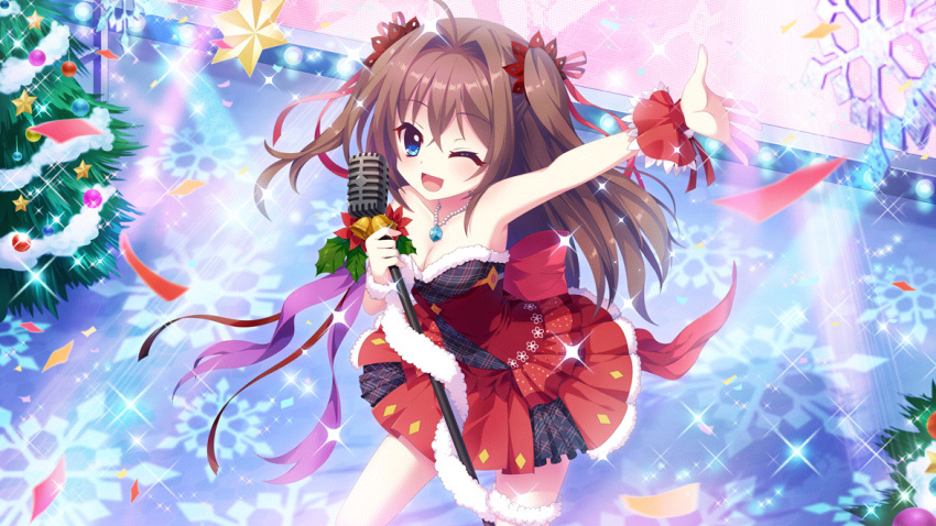 1girl ahoge back_bow bare_shoulders bell black_dress blue_eyes bow breasts brown_hair christmas christmas_ornaments christmas_tree cleavage collarbone concert diamond_(shape) dot_nose dress film_grain from_above game_cg holding holding_microphone_stand idol izumi_tsubasu jewelry large_bow leaning_forward long_hair medium_breasts microphone_stand necklace non-web_source official_art one_eye_closed open_mouth outstretched_arm pearl_necklace plaid plaid_dress plaid_skirt purple_ribbon re:stage! red_bow red_dress red_wrist_cuffs ribbon screen shikimiya_aone single_wrist_cuff skirt smile snowflakes solo sparkle stage stage_lights star_(symbol) strapless strapless_dress two-tone_dress two-tone_skirt two_side_up wrist_cuffs