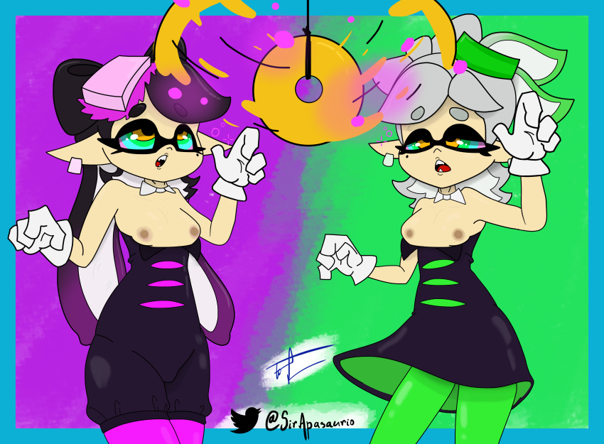 absurd_res alternate_version_at_source animal_humanoid anthro black_hair breasts callie_(splatoon) cephalopod cephalopod_humanoid clothed clothed_female clothing duo exposed_breasts female green_background green_hair hair hi_res humanoid hypno_eyes hypnosis inkling inkling_girl marie_(splatoon) marine marine_humanoid mind_control mollusk mollusk_humanoid nintendo purple_background purple_hair simple_background sir_apasaurio splatoon splatoon_(series) splatoon_3 squid_sisters_(splatoon) standing twitter twitter_logo twitter_username white_hair yellow_eyes