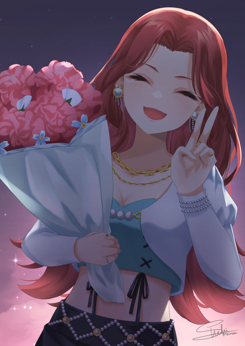 absurdres asahina_akane_(3rd_costume)_(nijisanji) asahina_akane_(nijisanji) bead_bracelet beads black_skirt blue_shirt bouquet bracelet breasts chain_necklace closed_eyes crop_top earrings evening fangs flower highres jacket jewelry long_sleeves medium_breasts midriff necklace nijisanji official_alternate_costume open_mouth parted_bangs pearl_earrings pink_flower puffy_long_sleeves puffy_sleeves red_hair ring shiinochi shirt signature skirt smile star_(sky) suspender_skirt suspenders tearing_up upper_body white_jacket