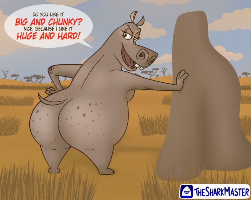 5:4 anthro big_butt breasts butt common_hippopotamus detailed_background dialogue digital_media_(artwork) dreamworks english_text female gloria_the_hippopotamus hand_on_hip hippopotamid madagascar_(series) mammal open_mouth savanna smile solo speech_bubble text thick_thighs tsm-draws