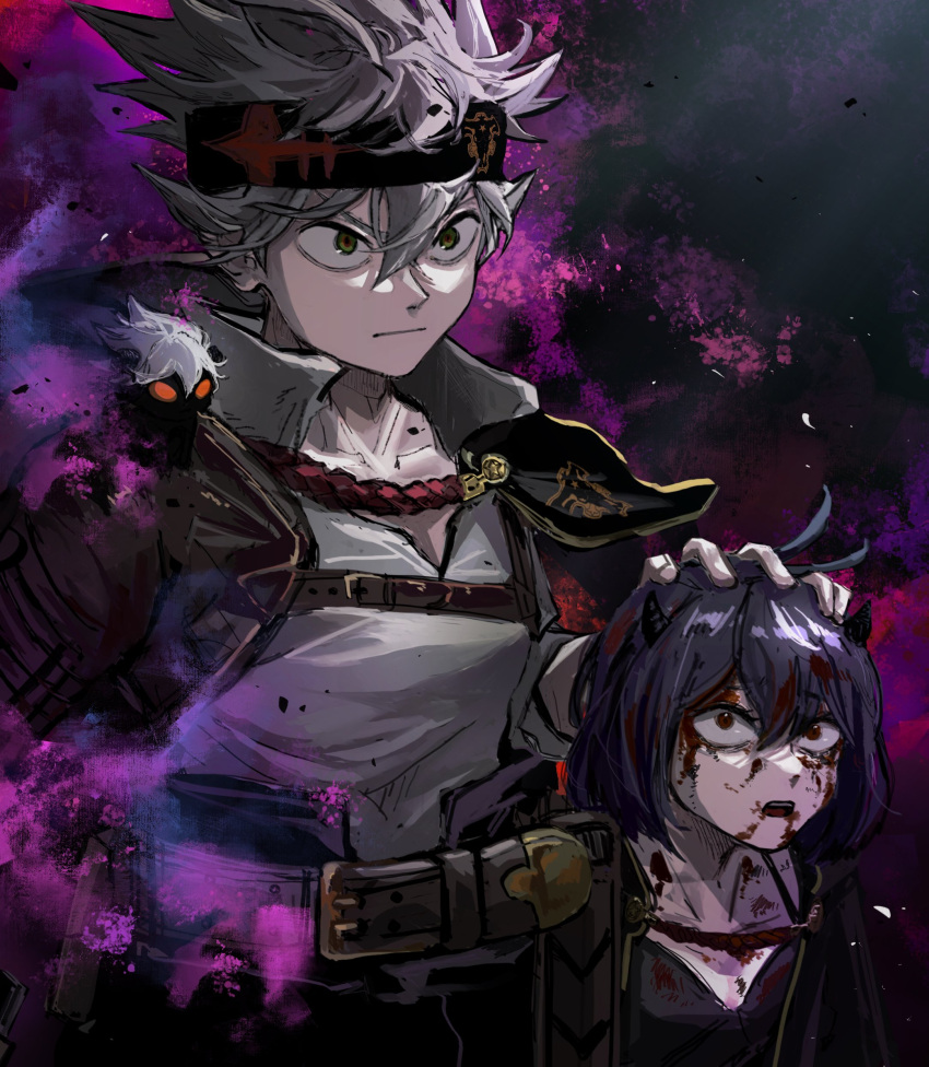 absurdres ahoge antenna_hair asta_(black_clover) black_bulls_(emblem) black_capelet black_clover black_dress black_hair black_headband blood capelet closed_mouth collared_shirt dress green_eyes grey_hair hair_between_eyes hand_on_another's_head headband highres liebe_(black_clover) long_bangs looking_at_another poonwip red_eyes secre_swallowtail shirt spiked_hair white_shirt
