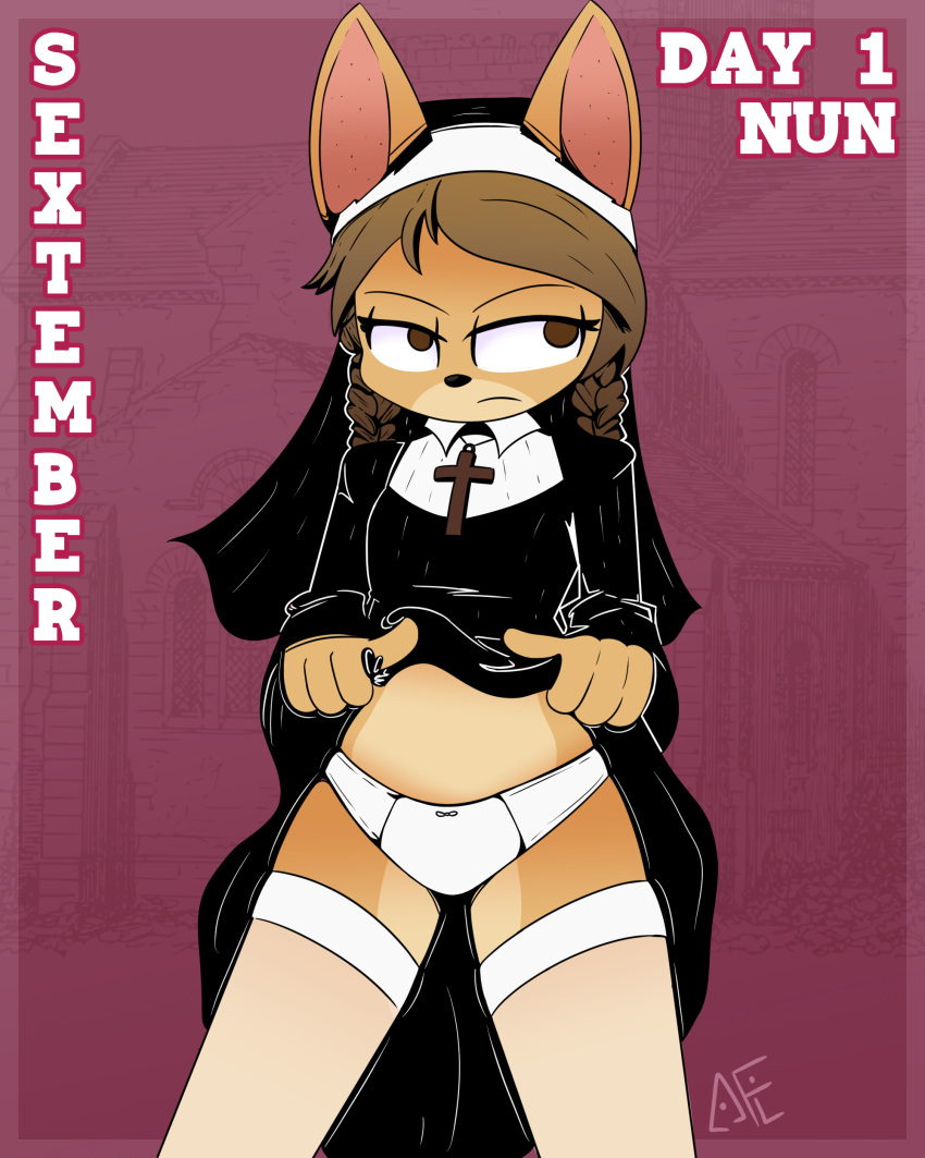 absurd_res anthro bow_panties bow_underwear canid canine canis christianity clothed clothing clothing_lift cross domestic_dog female hi_res mammal nun nun_habit nun_outfit panties religion sextember tdfoxoo underwear white_clothing white_panties white_underwear young