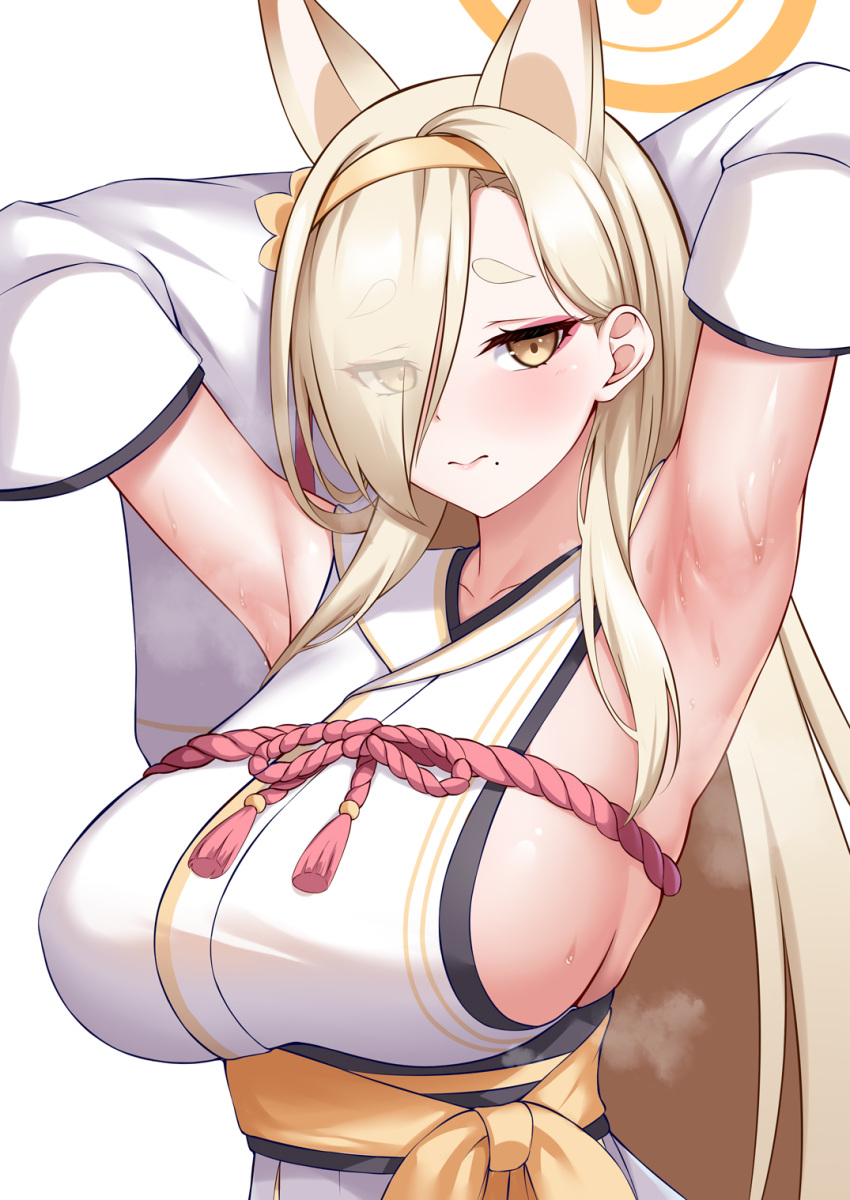 1girl animal_ears armpits arms_up blonde_hair blue_archive blush breasts closed_mouth detached_sleeves eyes_visible_through_hair fox_ears hair_ornament hair_over_one_eye hairband halo highres japanese_clothes kaho_(blue_archive) long_hair long_sleeves looking_at_viewer mole mole_under_mouth sash simple_background solo sweat thick_eyebrows upper_body white_background yellow_eyes yellow_hairband yuunagi_(0217)