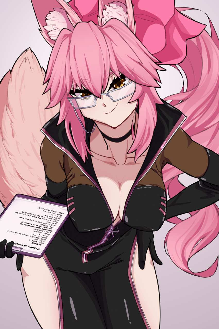 1girl absurdres animal_ear_fluff animal_ears black_bodysuit bodysuit bow breasts center_opening choker cleavage clipboard darkkin fate/grand_order fate_(series) fox_ears fox_girl fox_tail glasses hair_between_eyes hair_bow highres hip_vent koyanskaya_(assassin)_(first_ascension)_(fate) koyanskaya_(fate) large_breasts leaning_forward long_hair looking_at_viewer pink_bow pink_hair ponytail sidelocks smile solo tail tamamo_(fate) thighs yellow_eyes