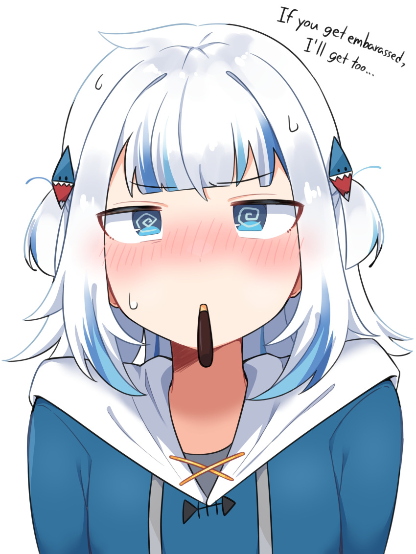 @_@ absurdres blue_hair blush food food_in_mouth gawr_gura gawr_gura_(1st_costume) highres hololive hololive_english incoming_pocky_kiss multicolored_hair pocky pocky_in_mouth skkazu1 white_hair