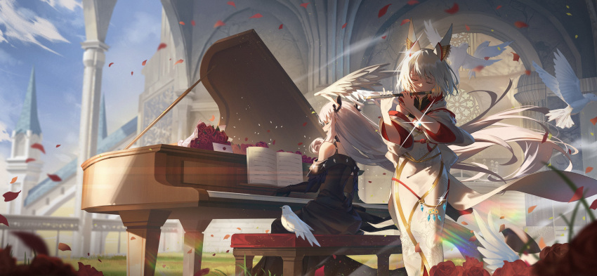 2girls absurdres bird black_dress blue_sky bouquet closed_eyes dove dress feathered_wings feathers flower flute grey_hair head_wings highres instrument lens_flare long_hair melia_antiqua multiple_girls music nia_(xenoblade) petals piano playing_flute playing_instrument playing_piano rose rose_petals sheet_music sitting sky smile very_long_hair wings xenoblade_chronicles_(series) xenoblade_chronicles_3 yuel_suki