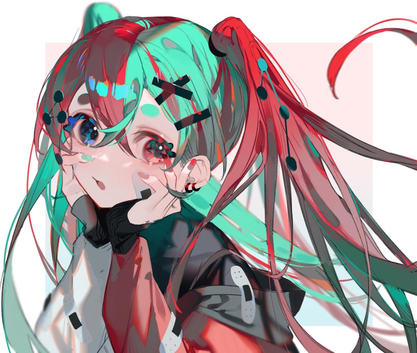 1girl bad_id bad_pixiv_id bandaid bandaid_on_cheek bandaid_on_clothes bandaid_on_face black_sweater blue_background blue_eyes border commentary crossed_bangs fingernails gradient_background green_hair green_nails hair_between_eyes hair_ornament hands_on_own_cheeks hands_on_own_face heterochromia highres hikimayu jacket long_hair long_sleeves looking_at_viewer mizumi_zumi multicolored_clothes multicolored_hair multicolored_jacket open_mouth original outside_border red_background red_eyes red_hair red_jacket red_nails sleeves_past_wrists solo sweater symbol-only_commentary twintails two-tone_hair two-tone_jacket upper_body white_border white_jacket x_hair_ornament