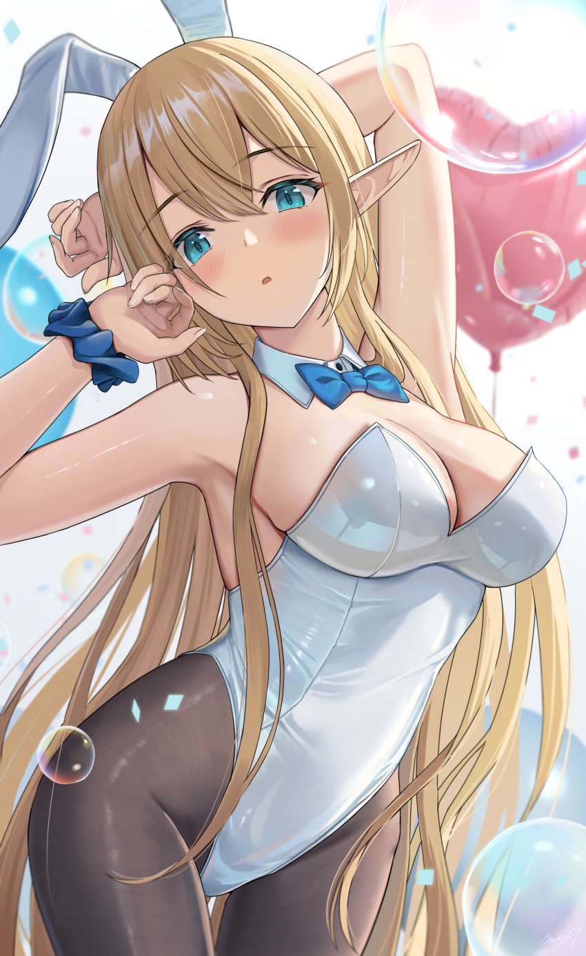 1girl animal_ears balloon black_pantyhose blonde_hair blue_bow blue_bowtie blue_eyes blue_scrunchie bow bowtie breasts cleavage commentary_request detached_collar elf heart_balloon highleg highleg_leotard highres large_breasts leotard long_hair looking_at_viewer may9 medium_breasts original pantyhose partial_commentary playboy_bunny pointy_ears rabbit_ears scrunchie simple_background solo strapless strapless_leotard white_background white_leotard wrist_scrunchie