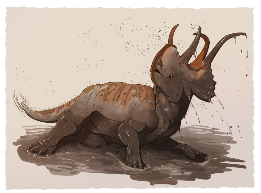 2022 absurd_res ambiguous_gender beak border brown_background brown_body brown_skin ceratopsian diabloceratops dinosaur eyes_closed feral full-length_portrait glistening glistening_body glistening_scales hi_res horn looking_away lying lying_on_ground mud muddy muscular on_side ornithischian portrait quills reptile scales scalie simple_background smile solo striped_body stripes tail the_meep_lord white_border