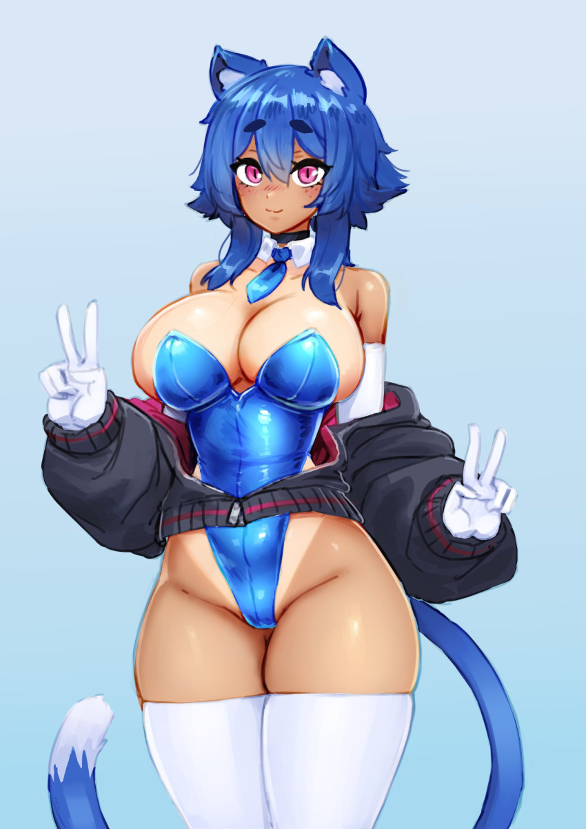 1girl animal_ear_fluff animal_ears barbariank bare_shoulders black_choker black_jacket blue_background blue_hair blue_leotard blue_necktie borrowed_character breasts cat_ears cat_girl cat_tail choker commentary cowboy_shot detached_collar double_v elbow_gloves english_commentary freckles gift_art gloves hair_between_eyes highleg highleg_leotard highres jacket large_breasts leotard long_sleeves looking_at_viewer medium_hair necktie off_shoulder one-piece_tan open_clothes open_jacket original partially_unzipped pink_eyes puffy_long_sleeves puffy_sleeves short_necktie simple_background skindentation slit_pupils smile solo strapless strapless_leotard tail tan tanlines thick_eyebrows thighs v white_gloves xiao_(doce) zipper_pull_tab