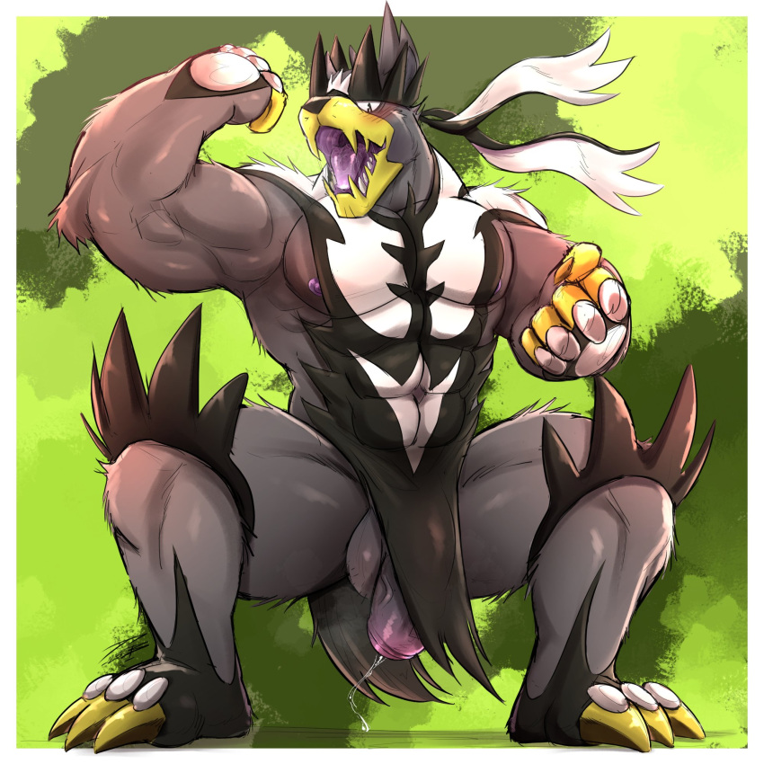 anthro balls biped black_balls black_body black_fur black_penis blush bodily_fluids border claws crazydrak crouching digital_media_(artwork) fangs flaccid flexing_bicep fur generation_8_pokemon genital_fluids genitals glans green_background hi_res legendary_pokemon male muscular muscular_anthro muscular_male nintendo nipples open_mouth penis pink_glans pink_nipples pokemon pokemon_(species) precum pseudo_clothing simple_background single_strike_style_urshifu solo teeth toe_claws urshifu white_body white_border white_fur