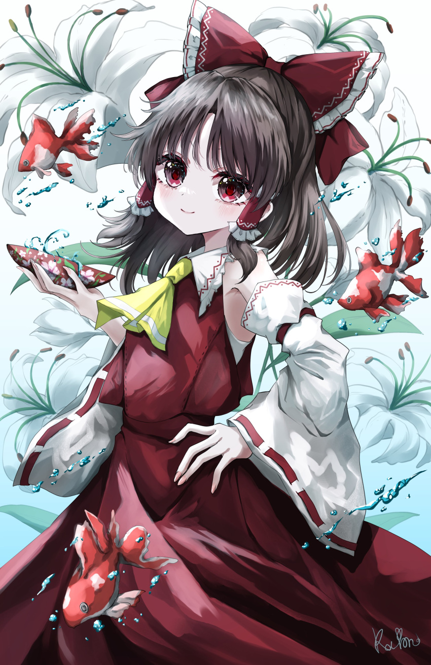 1girl absurdres alcohol animal ascot bare_shoulders black_hair blush bow closed_mouth cup detached_sleeves fingernails fish flower goldfish hair_bow hair_tubes hakurei_reimu hand_on_own_hip highres holding holding_cup japanese_clothes kayon_(touzoku) long_hair looking_at_viewer nontraditional_miko red_bow red_eyes red_skirt ribbon-trimmed_sleeves ribbon_trim sakazuki sake sidelocks signature skirt smile solo touhou white_flower white_sleeves wide_sleeves yellow_ascot