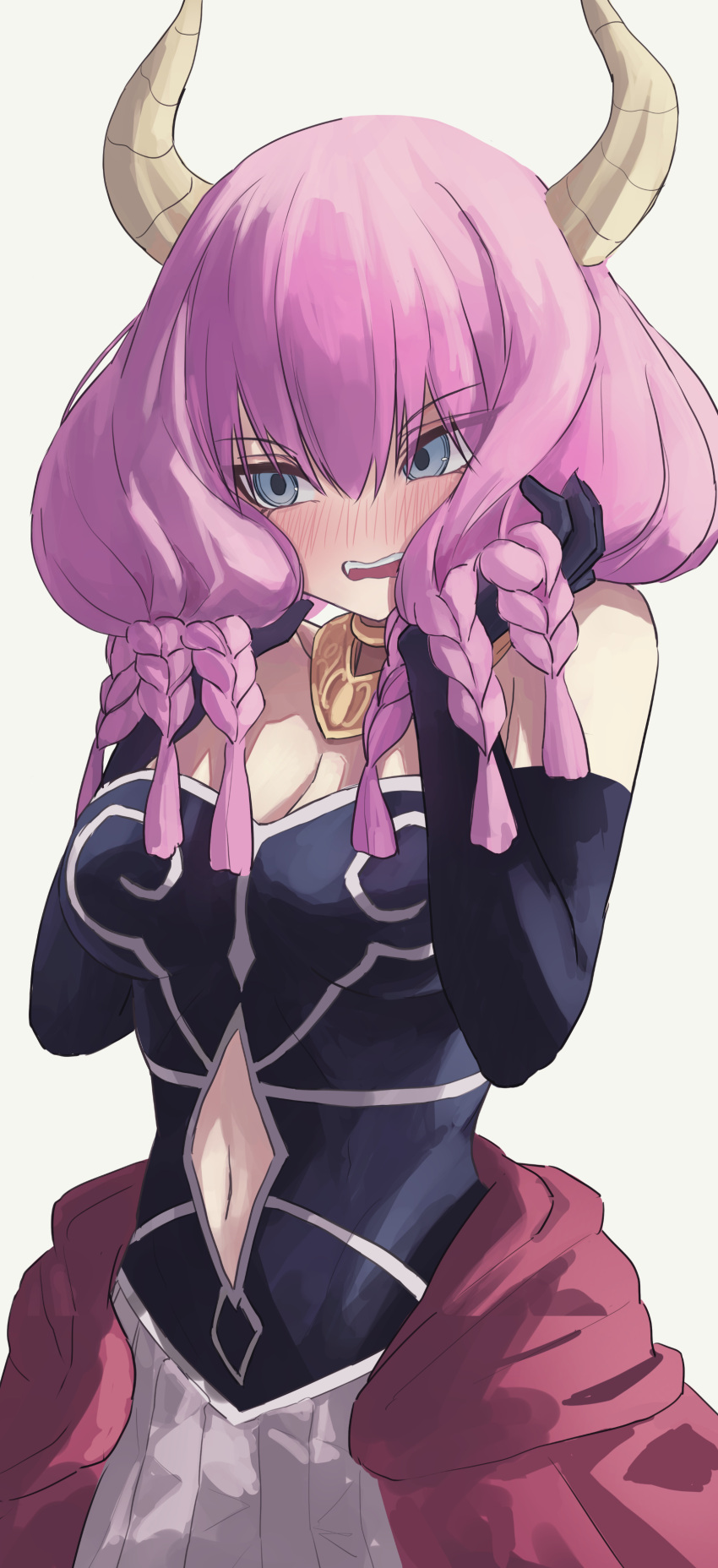 1girl absurdres aura_(sousou_no_frieren) averting_eyes black_corset black_gloves blue_eyes blush braid breasts cleavage clothing_cutout commentary_request corset demon_girl demon_horns elbow_gloves embarrassed gloves gold_necklace hair_between_eyes hands_in_own_hair highres horns jewelry long_hair low-braided_long_hair muginosa multiple_braids navel_cutout necklace open_mouth pink_hair simple_background solo sousou_no_frieren teeth upper_teeth_only