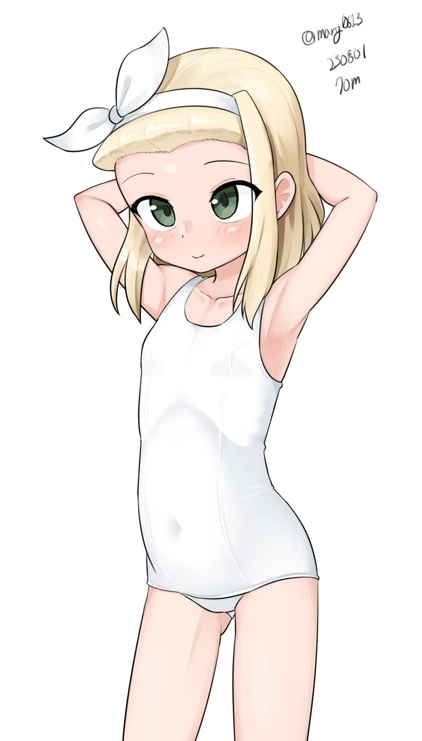 1girl absurdres arms_behind_head blonde_hair collarbone cowboy_shot feet_out_of_frame flat_chest green_eyes hairband highres i-504_(kancolle) kantai_collection luigi_torelli_(kancolle) maru_(marg0613) one-hour_drawing_challenge one-piece_swimsuit school_swimsuit short_hair smile solo standing swimsuit white_background white_hairband white_one-piece_swimsuit