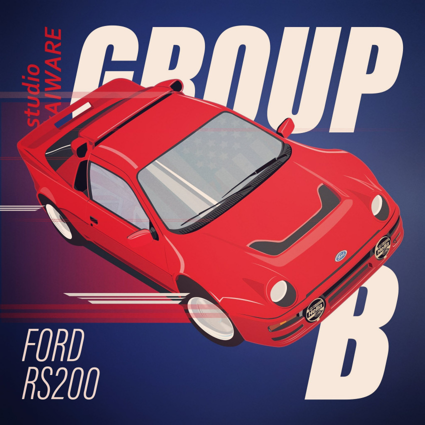 artist_name blue_background car ford ford_rs200 highres kaiware motion_lines motor_vehicle no_humans original race_vehicle racecar rally_car red_car vehicle_focus