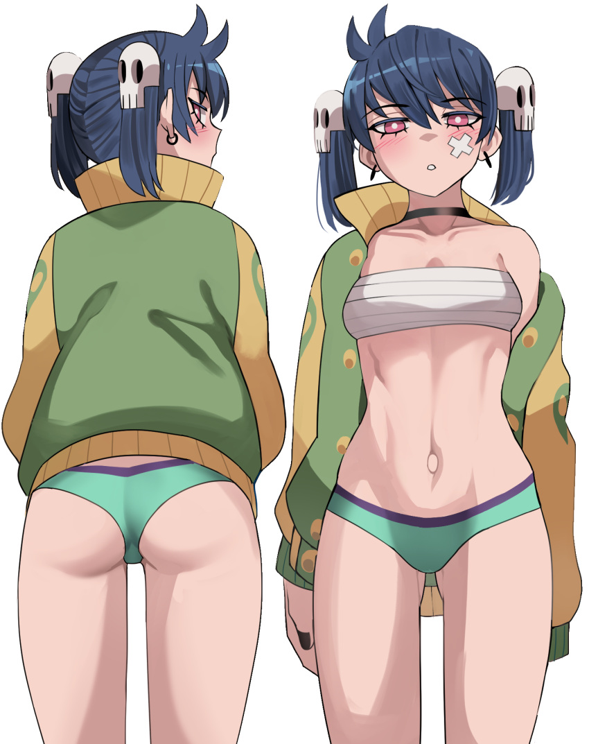 1girl arms_at_sides ass bandaid bandaid_on_cheek bandaid_on_face black_choker black_nails blue_hair blush breasts bright_pupils chest_sarashi choker clip_studio_paint_(medium) collarbone commentary cowboy_shot cowlick crossed_bandaids earrings english_commentary fingernails green_jacket green_panties hair_between_eyes hair_ornament high_collar highres jacket jewelry ji-yoon_(jourd4n) jourd4n long_sleeves looking_at_viewer looking_back multiple_views nail_polish navel no_pants off_shoulder open_clothes open_jacket original panties parted_lips pink_eyes sarashi simple_background single_bare_shoulder skull_hair_ornament sleeves_past_fingers sleeves_past_wrists small_breasts teeth turnaround twintails underwear white_background white_pupils