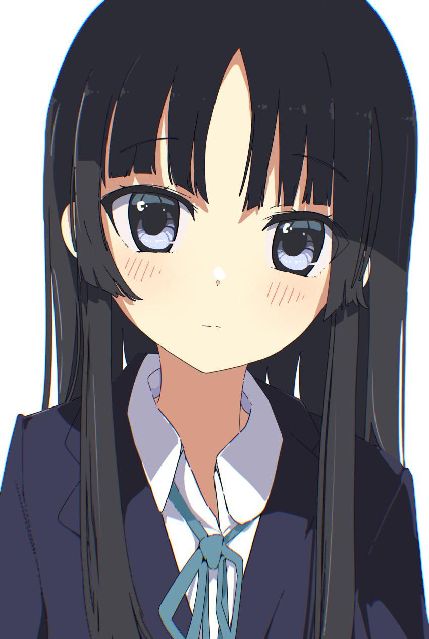 1girl absurdres akiyama_mio black_hair blazer blue_ribbon blush collared_shirt commentary_request expressionless highres jacket k-on! long_hair looking_to_the_side nbjdnhgfm neck_ribbon parted_bangs purple_eyes revision ribbon sakugawa_school_uniform school_uniform shirt solo upper_body winter_uniform