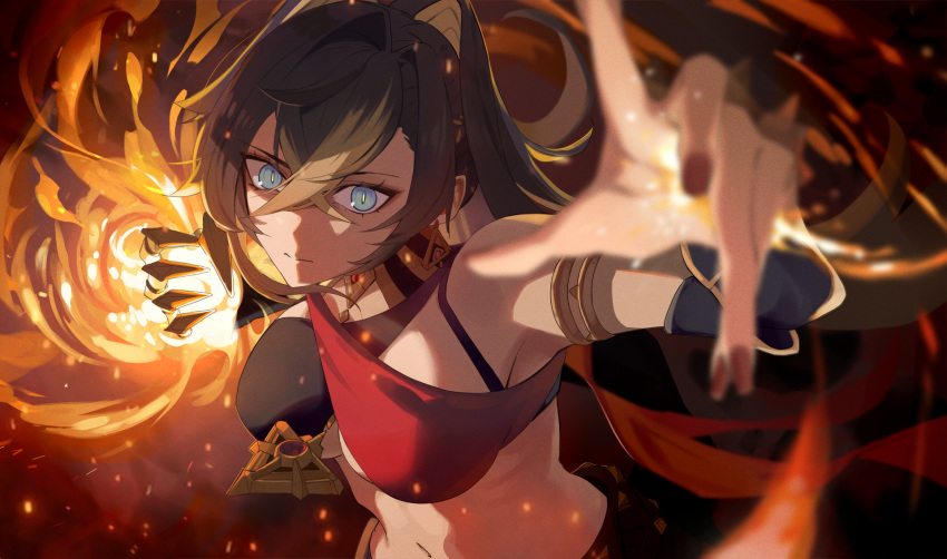 1girl animal_ears armlet armpit_peek asymmetrical_clothes black_hair blue_eyes breasts criss-cross_halter dark-skinned_female dark_skin dehya_(genshin_impact) earrings flaming_hand foreshortening genshin_impact gold_choker halterneck highres jewelry lempika medium_breasts multicolored_hair navel red_nails solo stomach streaked_hair