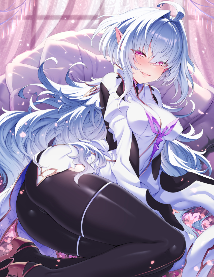 1girl ahoge ass bed black_gloves black_pants blush breasts fate/grand_order fate/prototype fate_(series) fingerless_gloves gloves grin heart heart-shaped_pupils highres large_breasts long_hair long_sleeves looking_at_viewer lying m-da_s-tarou merlin_(fate/prototype) on_bed pants pillow pointy_ears purple_eyes robe smile solo sweat symbol-shaped_pupils thighs tight_clothes tight_pants very_long_hair white_hair white_robe wide_sleeves