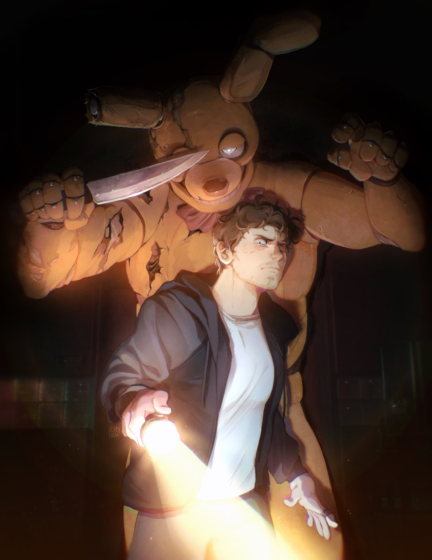 2023 animatronic bodily_fluids bow_tie brown_hair clothing digital_media_(artwork) duo five_nights_at_freddy's five_nights_at_freddy's_(film) five_nights_at_freddy's_3 flashlight hair hi_res hoodie human imminent_death knife lagomorph leporid light light_beam light_body light_skin looking_at_viewer looming looming_over machine male mammal mike_schmidt not_furry rabbit robot rorokonaa_(artist) scared scottgames shirt simple_background size_difference springtrap_(fnaf) stubble sweat sweatdrop teeth topwear white_clothing white_eyes white_shirt white_topwear william_afton_(fnaf) yellow_body
