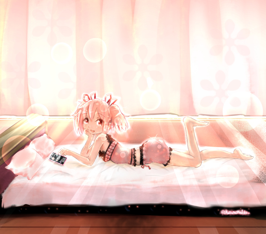 1girl absurdres barefoot cellphone feet hair_ribbon highres kaname_madoka kururu-madoka legs looking_at_viewer lying mahou_shoujo_madoka_magica nightgown open_mouth phone pillow pink_hair pink_nightgown pink_pillow ribbon solo twintails