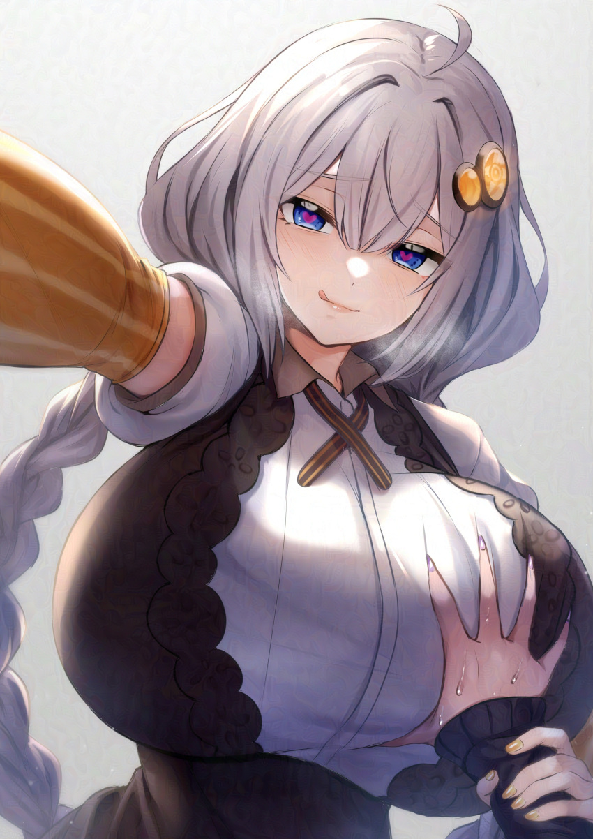 1girl :q absurdres ahoge blue_eyes braid breasts dress elbow_gloves gloves grabbing grabbing_another's_breast grey_background grey_hair guided_breast_grab guiding_hand hair_ornament heart heart-shaped_pupils highres huge_breasts kizuna_akari long_hair pov pov_hands simple_background solo_focus sweat symbol-shaped_pupils tenneko_yuuri tongue tongue_out twin_braids upper_body very_long_hair voiceroid