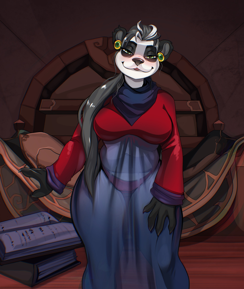 anthro bear bedroom bedroom_eyes big_breasts blizzard_entertainment blush breasts claws clothed clothing female flyagaric_(artist) giant_panda green_eyes hair hi_res long_hair mammal mature_female mesui_kindfeast narrowed_eyes pandaren seductive solo thick_thighs translucent warcraft