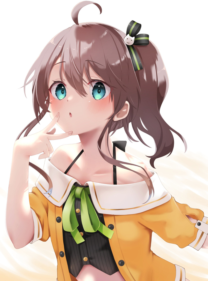 1girl absurdres ahoge aqua_eyes black_camisole black_straps blush brown_hair camisole chestnut_mouth collarbone finger_to_face finger_to_mouth green_ribbon hair_between_eyes hair_ornament halterneck hanazome_uta highres hololive jacket looking_at_viewer midriff natsuiro_matsuri natsuiro_matsuri_(1st_costume) neck_ribbon off-shoulder_jacket off_shoulder open_clothes open_jacket open_mouth orange_jacket pinstripe_camisole pinstripe_pattern ribbon short_sleeves side_ponytail simple_background solo striped upper_body v virtual_youtuber white_background