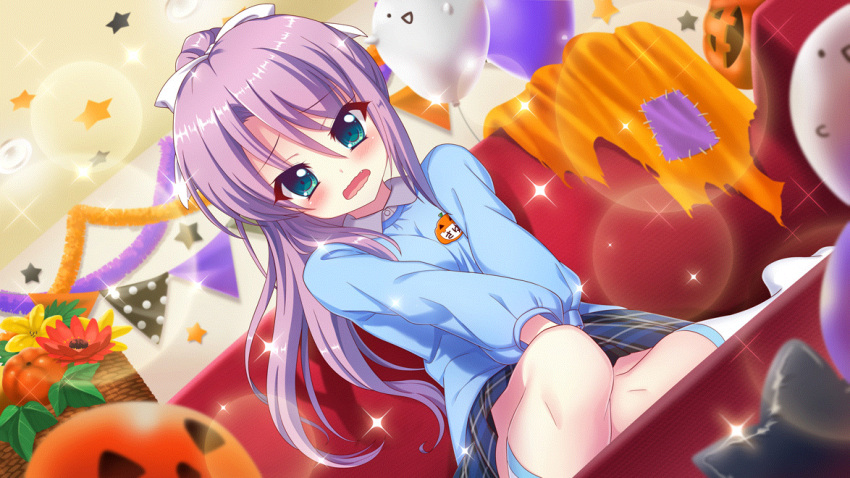 1girl balloon between_legs blue_eyes blush bow couch dot_nose dutch_angle embarrassed fang film_grain flower game_cg ghost hair_bow halloween hand_between_legs high_ponytail indoors izumi_tsubasu jack-o'-lantern kindergarten_uniform lens_flare long_hair looking_at_viewer name_tag non-web_source official_art on_couch open_mouth patch plaid plaid_skirt purple_hair re:stage! red_flower sitting skirt skirt_tug socks solo sparkle star_(symbol) string_of_flags tinsel tsukisaka_sayu wavy_mouth white_bow white_socks wicker_basket yellow_flower