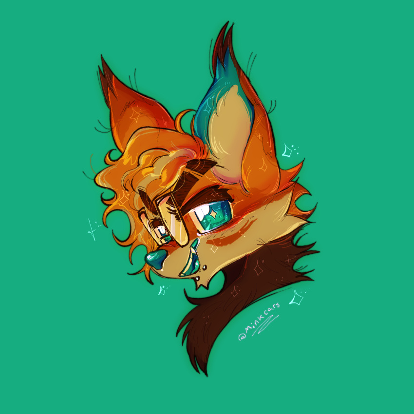 absurd_res anthro boyclussy brown_body brown_fur canid canine cheek_tuft chest_tuft ear_tuft eyewear facial_piercing facial_tuft fangs fox fur glasses green_background half-closed_eyes hi_res inner_ear_fluff lip_piercing male mammal narrowed_eyes open_mouth open_smile orange_body orange_fur piercing simple_background smile snakebite_piercing solo teeth tuft