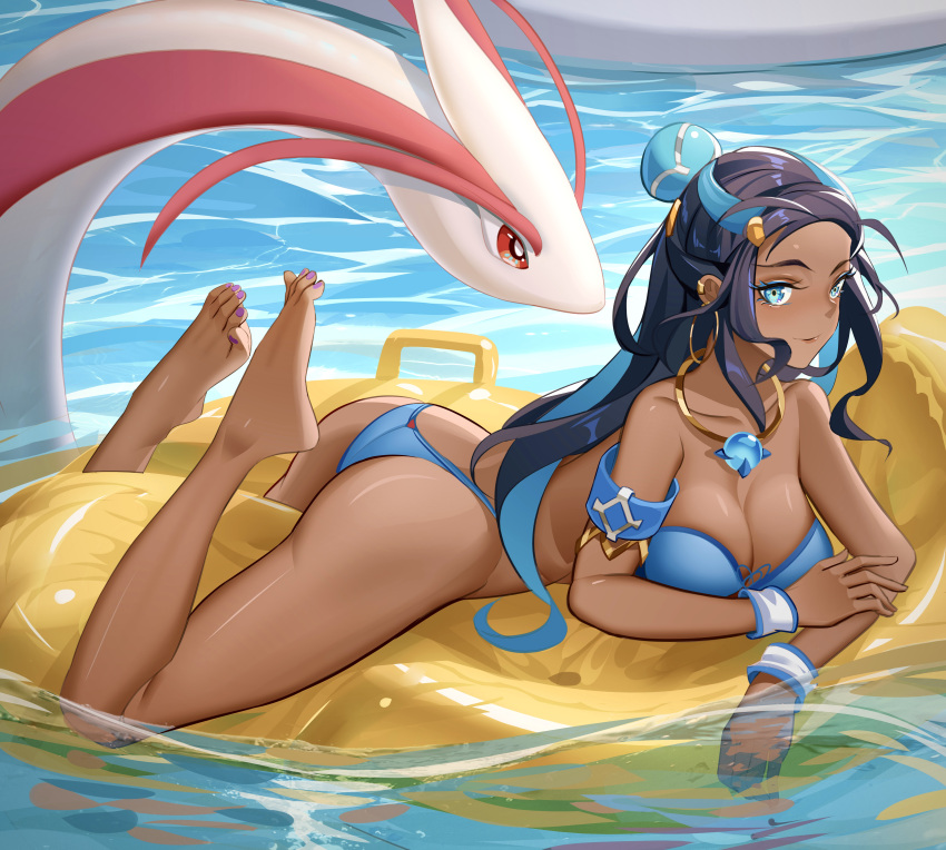 1girl absurdres ass bikini black_hair blue_bikini blue_eyes blue_hair dark-skinned_female dark_skin full_body hair_ornament highres inflatable_raft jewelry long_hair luai lying milotic multicolored_hair nessa_(pokemon) on_stomach pokemon pokemon_(creature) pokemon_swsh swimsuit two-tone_hair very_long_hair water