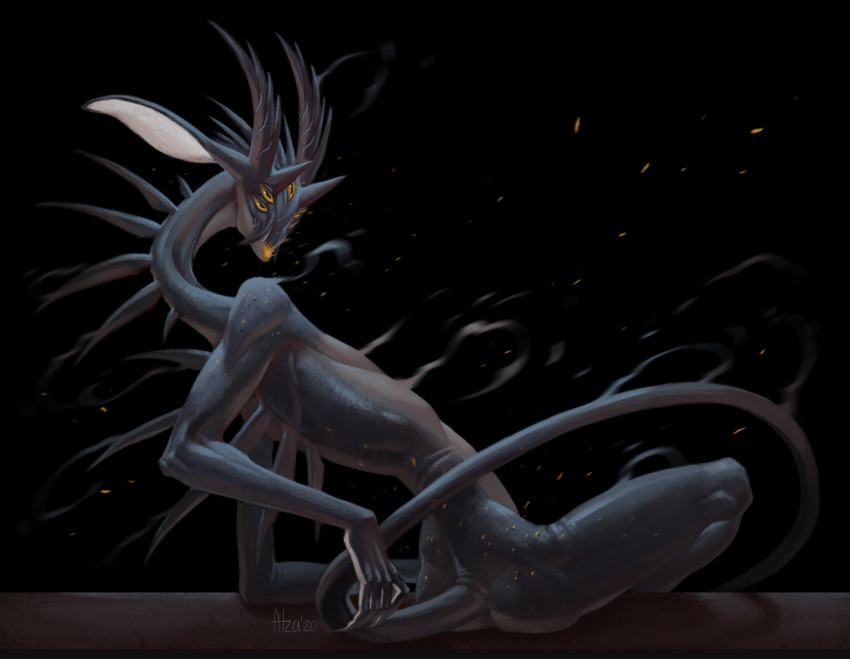 4_eyes ambiguous_gender anklet atza black_body black_skin butt claws demon hi_res horn jewelry long_neck long_torso looking_at_viewer looking_back male monster multi_eye rear_view sharp_claws sitting slim solo tail
