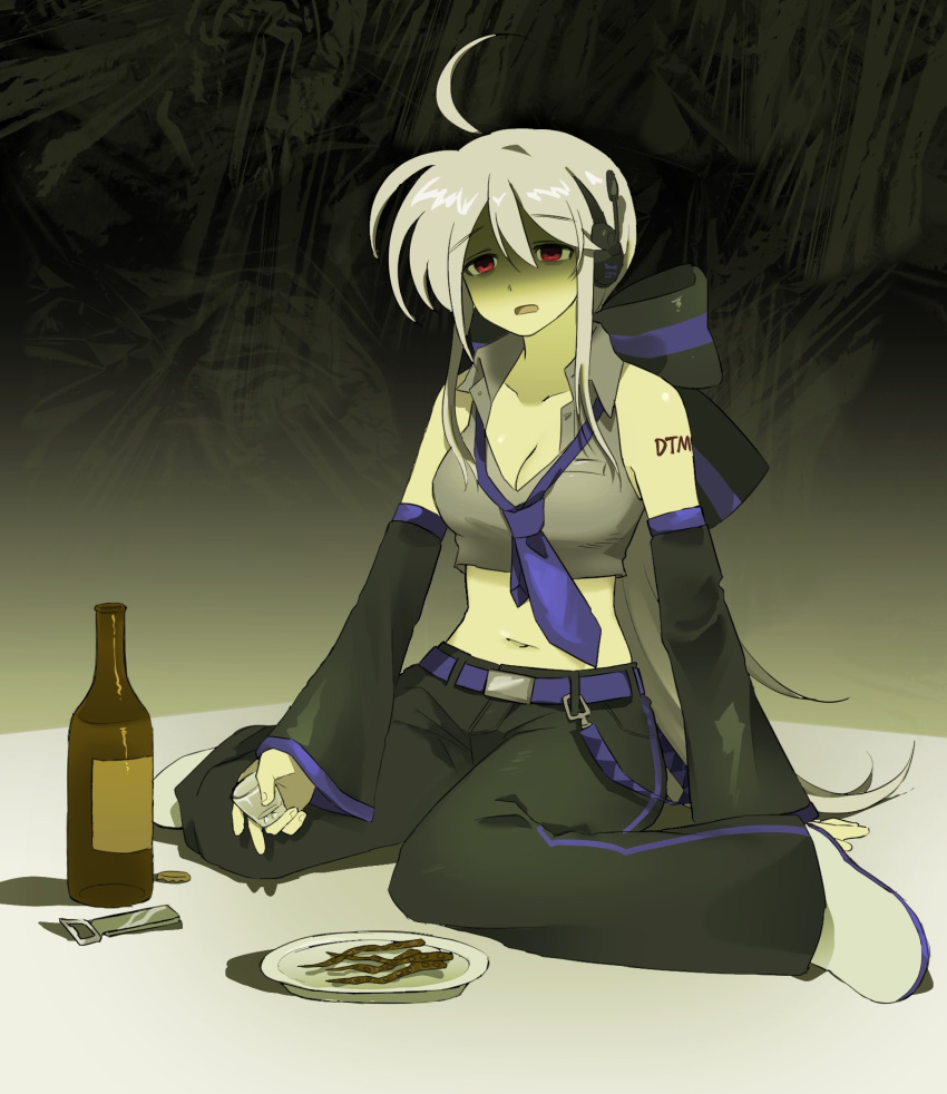 100_(hundredwell) 1girl ahoge arm_tattoo bare_shoulders beer_bottle belt black_bow black_pants black_sleeves bottle bottle_cap bottle_opener bow breasts cleavage collarbone crop_top cup detached_sleeves drinking_glass full_body grey_hair hair_between_eyes hair_bow headphones highres holding holding_cup korean_commentary long_hair long_sleeves low_ponytail medium_breasts microphone navel necktie open_mouth pants plate purple_belt purple_necktie red_eyes shadow shoes shot_glass single_vertical_stripe sitting solo tattoo very_long_hair vocaloid wariza white_footwear yowane_haku