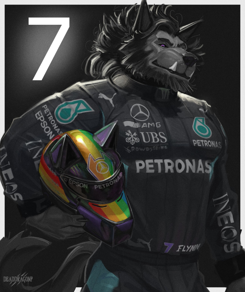 2023 armor beard canid canine canis clothed clothing digital_drawing_(artwork) digital_media_(artwork) facial_hair hair headgear helmet hi_res male mammal mercedes-benz phinnherz puma_(company) purple_eyes racing_suit simple_background solo standing tail wolf