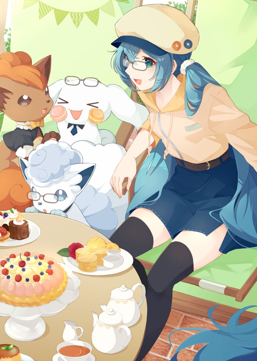 &gt;_&lt; 1girl alolan_vulpix black_thighhighs blue_eyes blue_hair blue_skirt chair cinnamoroll closed_eyes clothed_pokemon crossover cup drawstring eyewear_on_head food glasses hair_between_eyes hat hatsune_miku highres hood hood_down long_hair low_twintails multiple_crossover open_mouth plate pokemon pokemon_(creature) pudding sanrio shakemi_(sake_mgmgmg) sitting skirt table teapot thighhighs twintails very_long_hair vocaloid vulpix