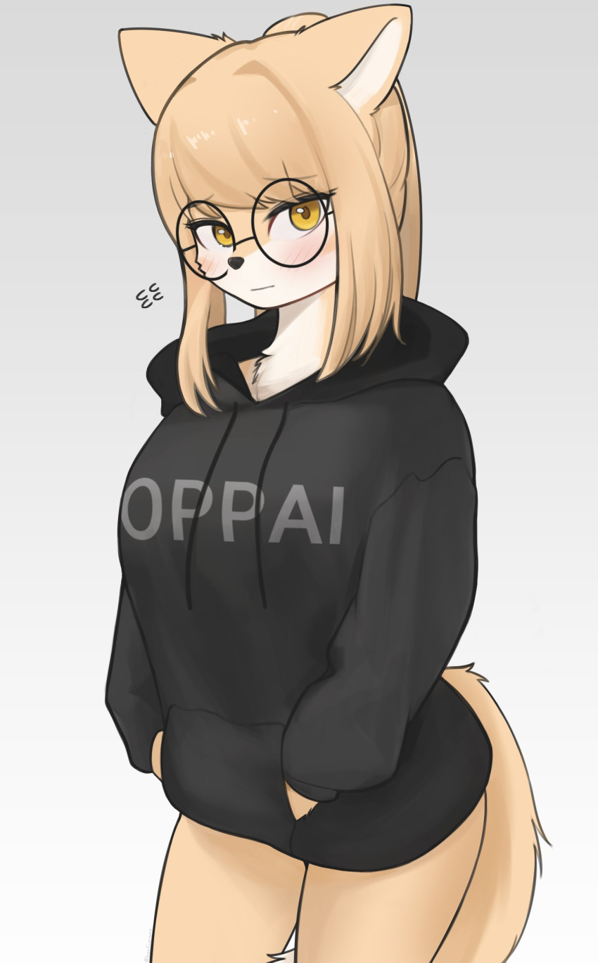 amber_eyes anthro athletic athletic_anthro athletic_female big_breasts blonde_hair blush breasts canid canine clothing english_text eyewear female fluffy fluffy_tail fox glasses hair hi_res hoodie inner_ear_fluff jeifier korfiorano long_hair looking_at_viewer mammal natural_breasts nervous rebekah solo tail text text_on_clothing topwear tuft