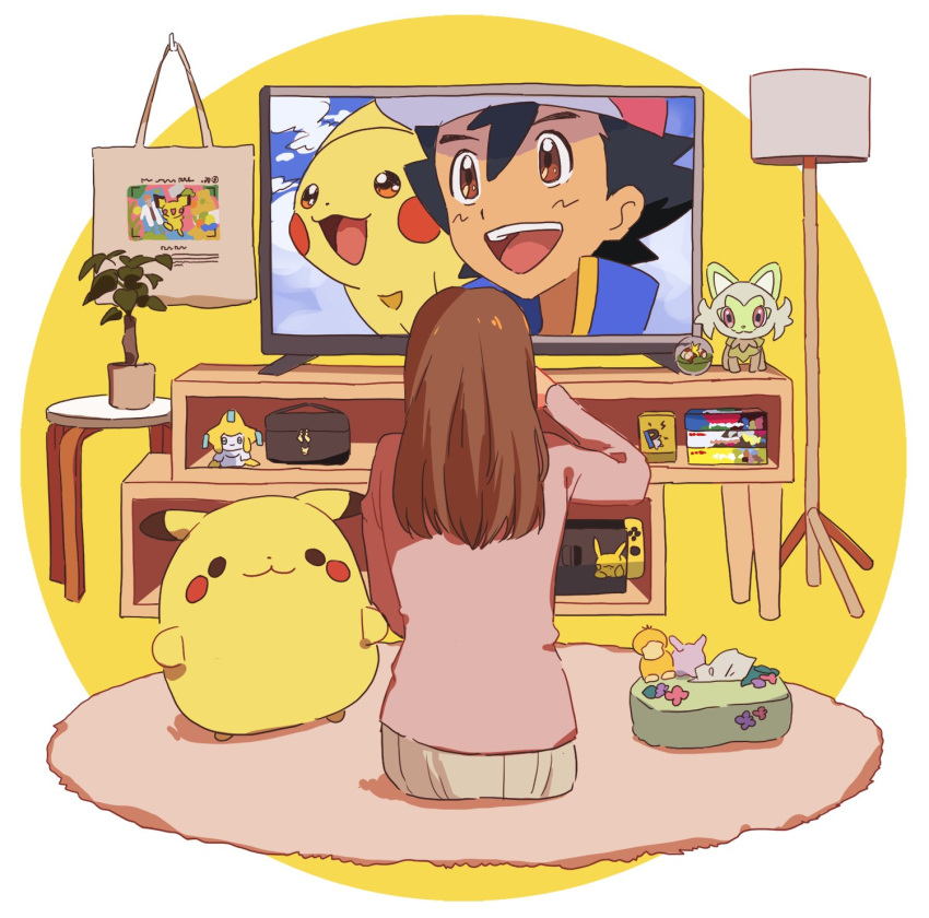 1boy 1girl ash_ketchum bag black_hair brown_hair crying from_behind highres jirachi lamp long_hair nintendo_switch pichu pikachu plant pokemon pokemon_(anime) pokemon_journeys psyduck shelf sitting skirt sprigatito stuffed_animal stuffed_toy table television tissue_box toki_(pokelun)