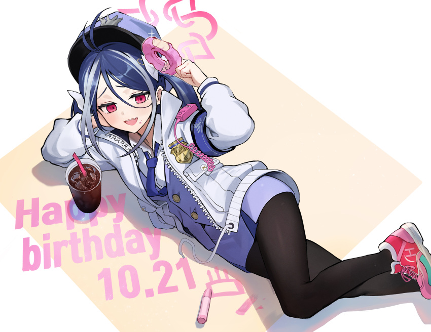 1girl antenna_hair beruko14 black_pantyhose blue_archive blue_hair blue_necktie blue_vest doughnut drink drinking_straw food fubuki_(blue_archive) grey_hair halo happy_birthday highres holding holding_food jacket long_hair long_sleeves multicolored_hair necktie open_clothes open_jacket open_mouth pantyhose parted_bangs red_eyes red_halo solo streaked_hair twintails vest white_jacket