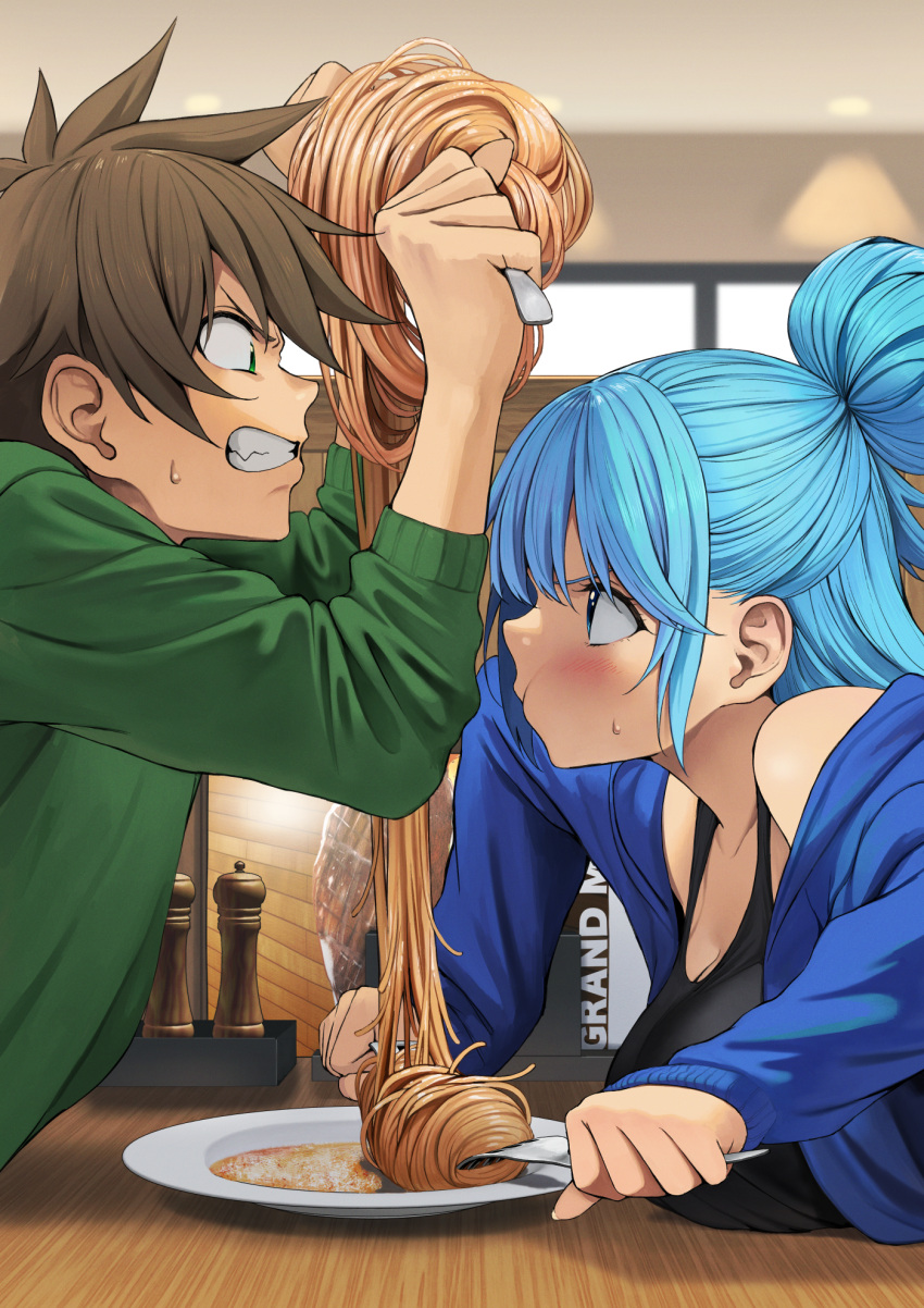 1boy 1girl alternate_hairstyle aqua_(konosuba) black_tank_top blue_eyes blue_hair blue_jacket blush breast_rest breasts brown_hair cleavage collarbone eye_contact food from_side green_eyes hair_bun highres indoors izawa_(bhive003) jacket kono_subarashii_sekai_ni_shukufuku_wo! large_breasts long_hair long_sleeves looking_at_another open_clothes open_jacket pasta plate profile revision satou_kazuma single_hair_bun spaghetti spiked_hair sweat tank_top upper_body