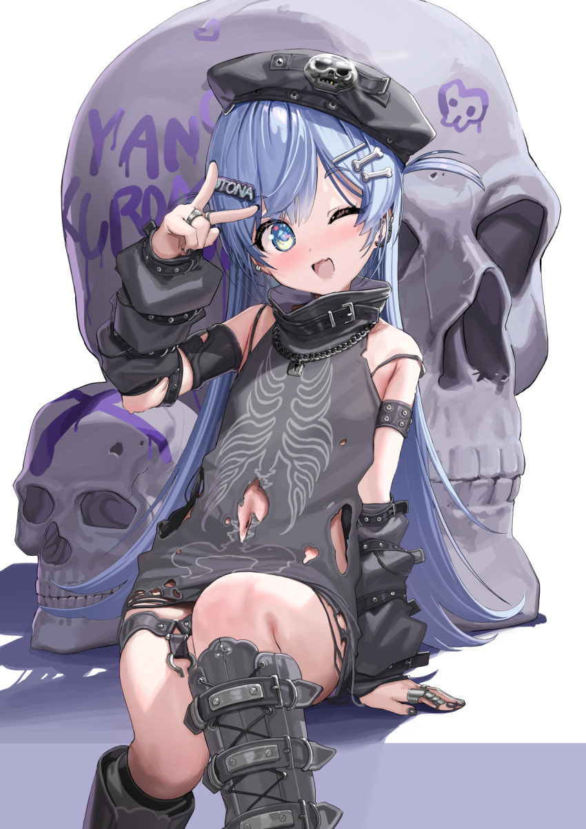 1girl ;d bare_shoulders beret black_nails blue_eyes blue_hair bone_hair_ornament boots breasts cartoon_bone character_request commentary_request detached_sleeves feet_out_of_frame grey_footwear grey_headwear grey_shirt grey_sleeves hair_ornament hand_up hat head_tilt highres jewelry kanzarin knee_boots long_sleeves looking_at_viewer nail_polish navel one_eye_closed puffy_long_sleeves puffy_sleeves ring shirt simple_background skull small_breasts smile solo torn_clothes torn_shirt virtual_youtuber vspo! white_background