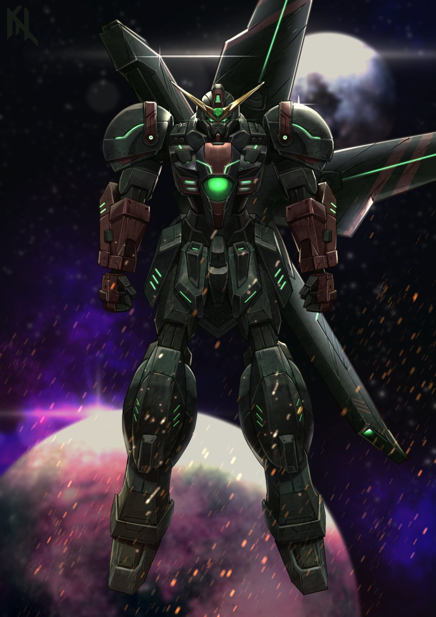 after_war_gundam_x arms_at_sides artist_logo clenched_hands commentary commission english_commentary full_body glint glowing glowing_eyes green_eyes gundam gundam_x highres looking_at_viewer mecha mobile_suit nebula no_humans original planet porukima redesign robot science_fiction solo space star_(sky) v-fin