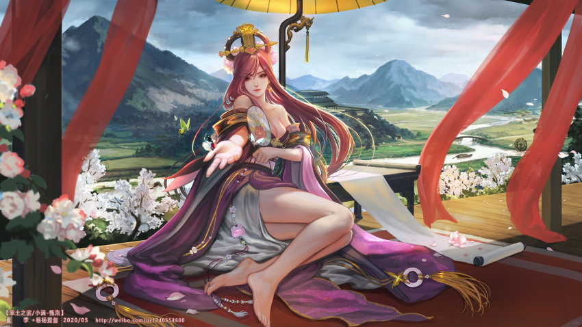 1girl arm_under_breasts artist_name bare_legs bare_shoulders barefoot breasts bug butterfly chinese_clothes chinese_commentary cleavage collarbone commentary_request day eyelashes feet flower full_body gold_trim grey_sky headpiece highres holding legs lips long_hair looking_at_viewer medium_breasts mountain off_shoulder official_art outstretched_arm parted_bangs pink_hair romance_of_the_three_kingdoms scenery shadow sitting sky soles solo swept_bangs tassel toenails toes weibo_username white_flower wide_sleeves xiaji yang_yang_(tigu) yokozuwari