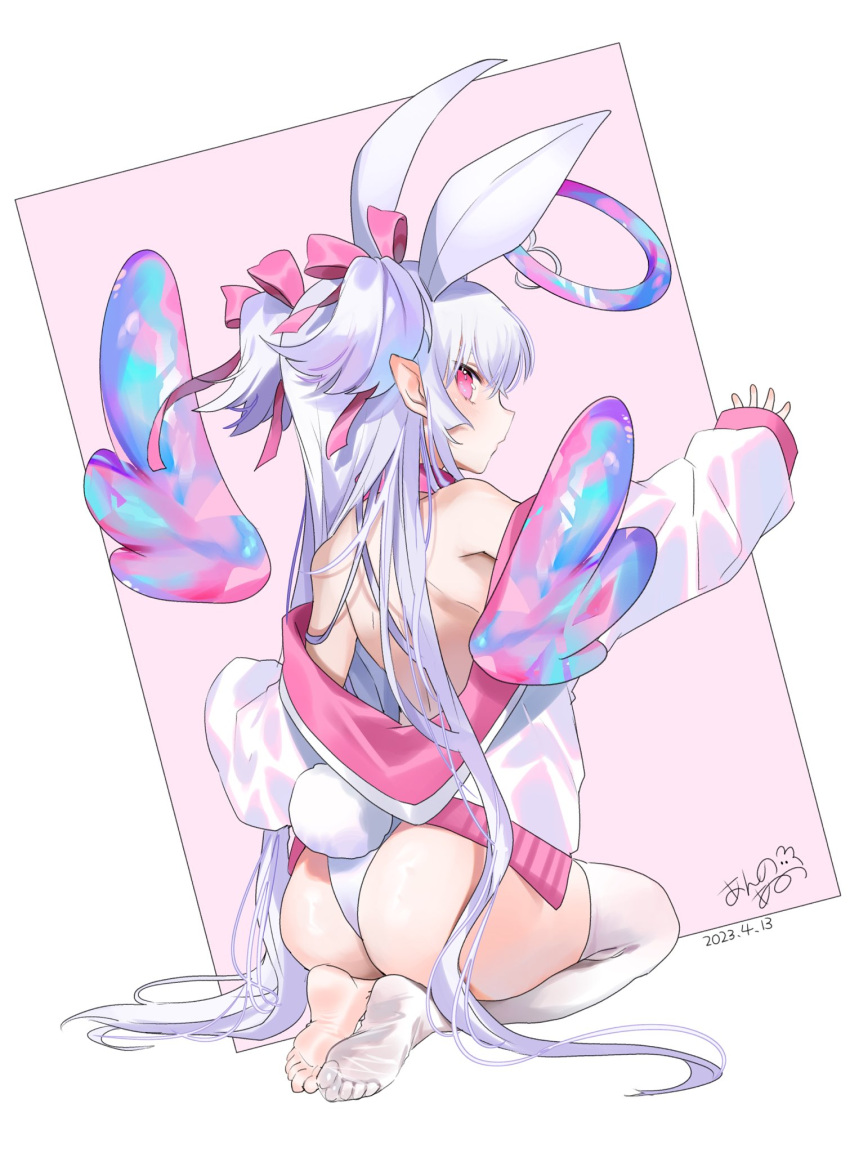 1girl aano_(10bit) animal_ears ass backless_outfit backless_shirt bare_shoulders barefoot border closed_mouth dated halo highres long_hair long_sleeves looking_at_viewer looking_back multicolored_wings open_hand original outstretched_arm panties pink_background pink_eyes playboy_bunny pointy_ears rabbit_ears seiza signature single_thighhigh sitting soles solo thighhighs toes underwear very_long_hair white_border white_hair white_panties white_thighhighs wings
