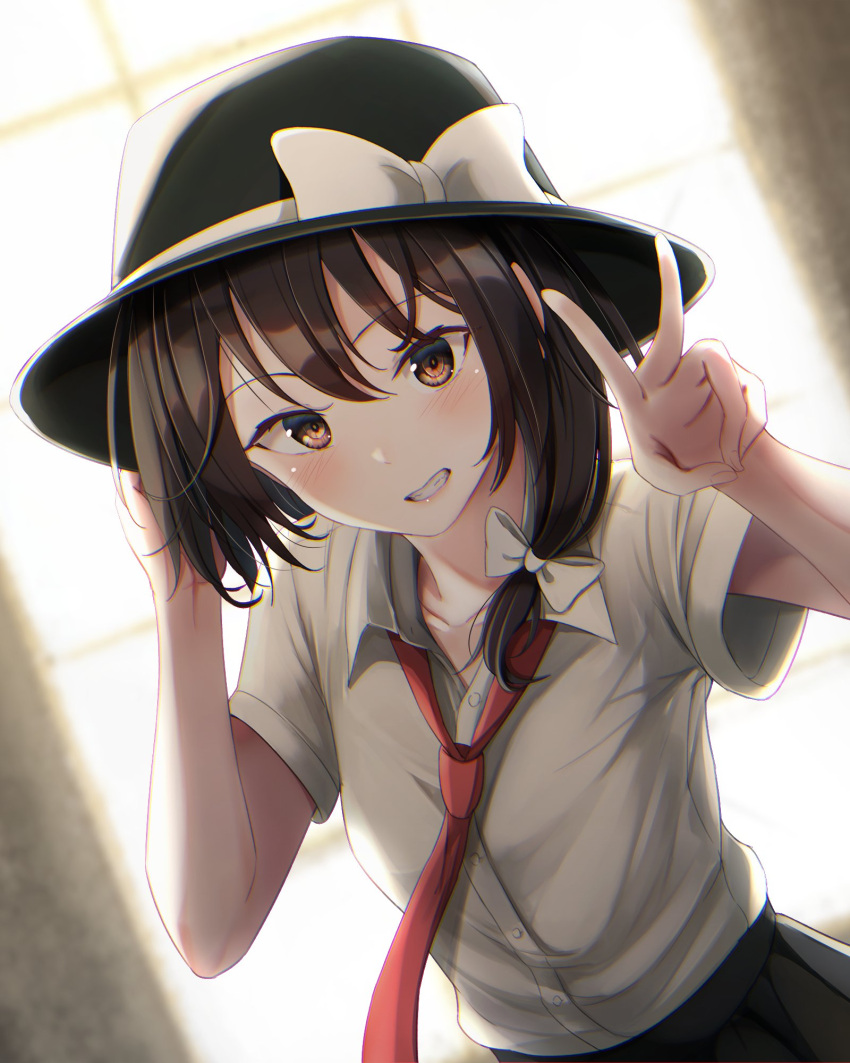 1girl black_headwear blurry blurry_background bow brown_eyes brown_hair dutch_angle fumei_(mugendai) hair_bow hand_on_headwear hat hat_bow highres looking_at_viewer necktie puffy_short_sleeves puffy_sleeves red_necktie shirt short_sleeves smile solo touhou usami_renko v white_bow white_shirt