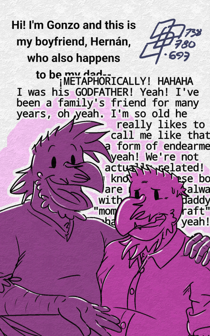 age_difference anthro avian beak bird broken_beak cerdeorhys clothing corvid corvus_(genus) dialogue dot_eyes duo embrace father_(lore) father_and_child_(lore) father_and_son_(lore) feather_beard feather_hair feathers flat_colors gonzalo_(cerdeorhys) hand_on_shoulder hernan_(cerdeorhys) hi_res hug incest_(lore) introducing_another line_art male male/male musclegut nervous nervous_expression nervous_smile nervous_sweat oblivious older_male oscine parent_(lore) parent_and_child_(lore) parent_and_son_(lore) passerine pink pseudo_hair raven shirt slightly_chubby smile smiling_at_viewer son_(lore) t-shirt text topwear younger_male