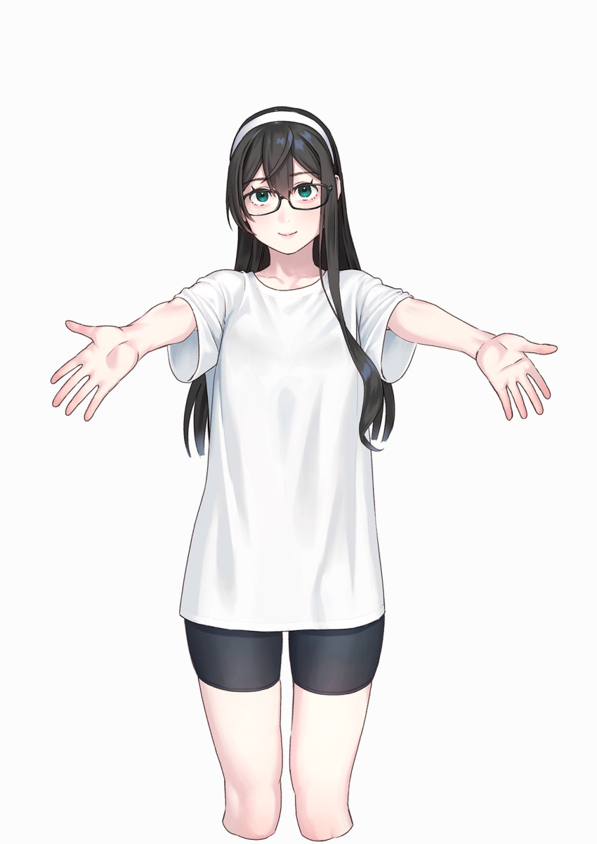 1girl alternate_costume aqua_eyes black_hair black_shorts closed_mouth commentary_request cowboy_shot cropped_legs glasses hairband highres kantai_collection long_hair looking_at_viewer ooyodo_(kancolle) outstretched_arms palms semi-rimless_eyewear shirt short_sleeves shorts smile solo white_background white_hairband white_shirt yuuji_(and)