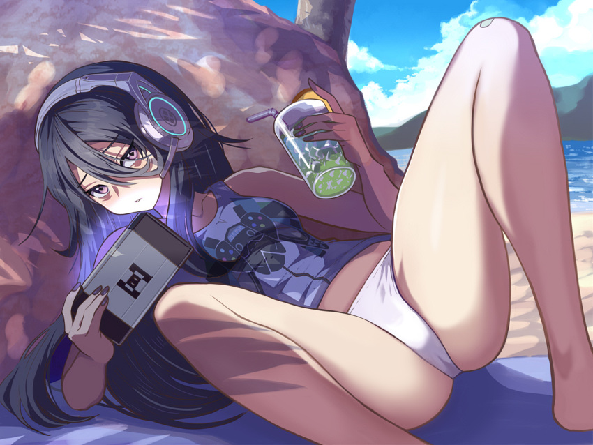 1girl bags_under_eyes bandaid bandaid_on_knee bandaid_on_leg beach black_hair black_nails blue_sky cup day drink drinking_straw elbow_rest exia_(nikke) game_controller_print goddess_of_victory:_nikke hair_between_eyes handheld_game_console headphones headset holding holding_handheld_game_console long_hair looking_at_viewer lying ocean on_back panties rock screen_light shirt sidelocks sky solo syope underwear white_panties