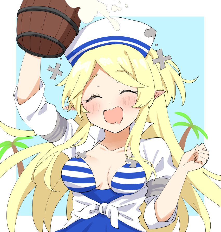 1girl :d ^_^ absurdres alcohol beer beer_mug blonde_hair blush breasts clenched_hand closed_eyes commentary_request cup drooling front-tie_top hat highres holding holding_cup long_hair medium_breasts mouth_drool mug open_mouth partial_commentary pointy_ears princess_connect! shichimi_yutsuki smile solo striped upper_body yukari_(princess_connect!)